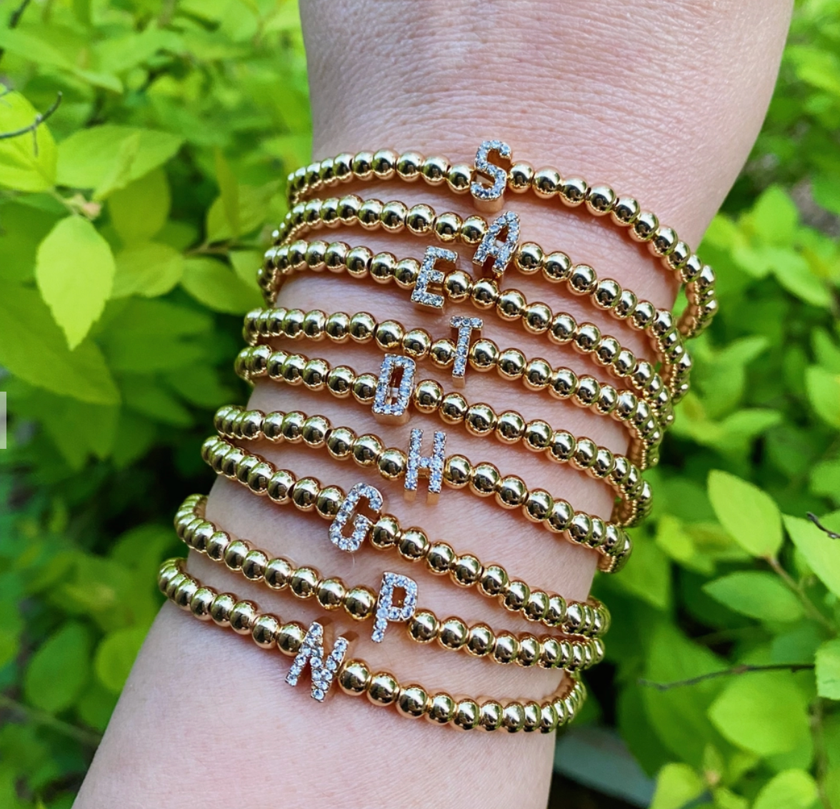 CZ Initial Gold Beaded Stretch Bracelet