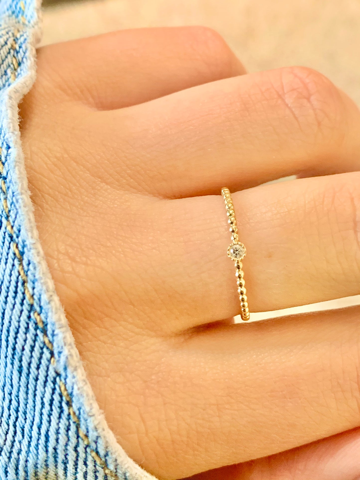 14k Beaded Tiny Diamond Stackable Ring