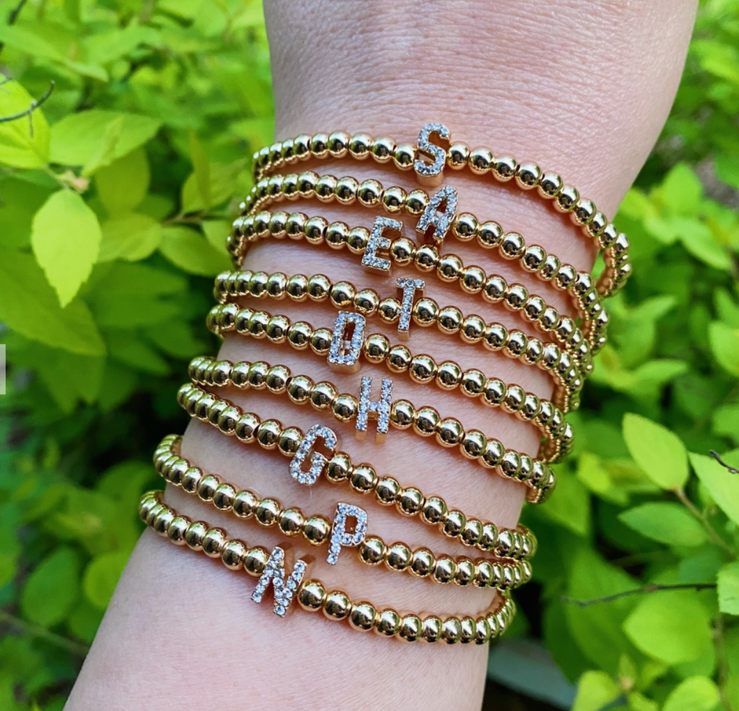 CZ Initial Gold Beaded Stretch Bracelet
